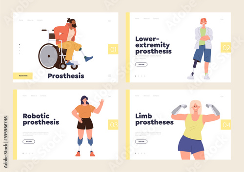 Set of landing page for medical service offering limbs prosthesis for people with different trauma