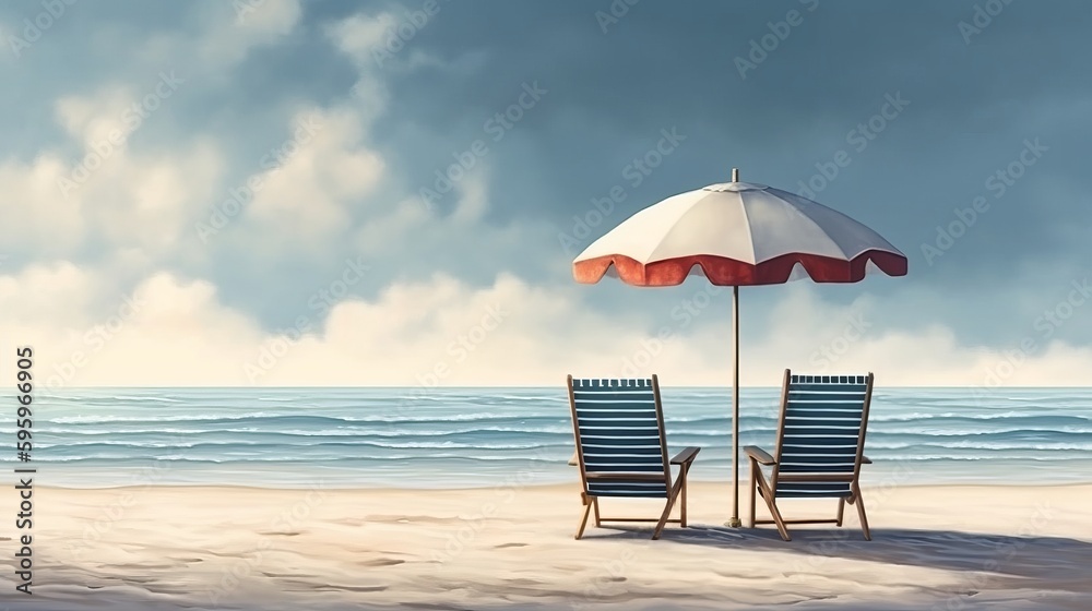 Two chairs and umbrella in empty beach sea realistic. AI generated