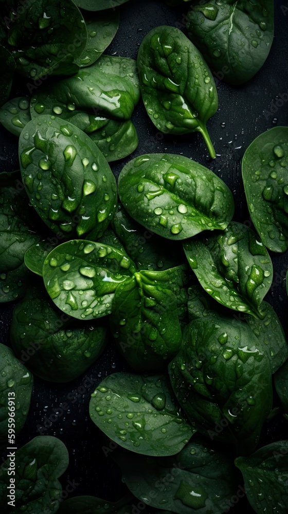 Top down view of fresh spinach leaves with waterdrops. AI Generative Art. Top down view of fresh spinach leaves with waterdrops. AI Generative Art.