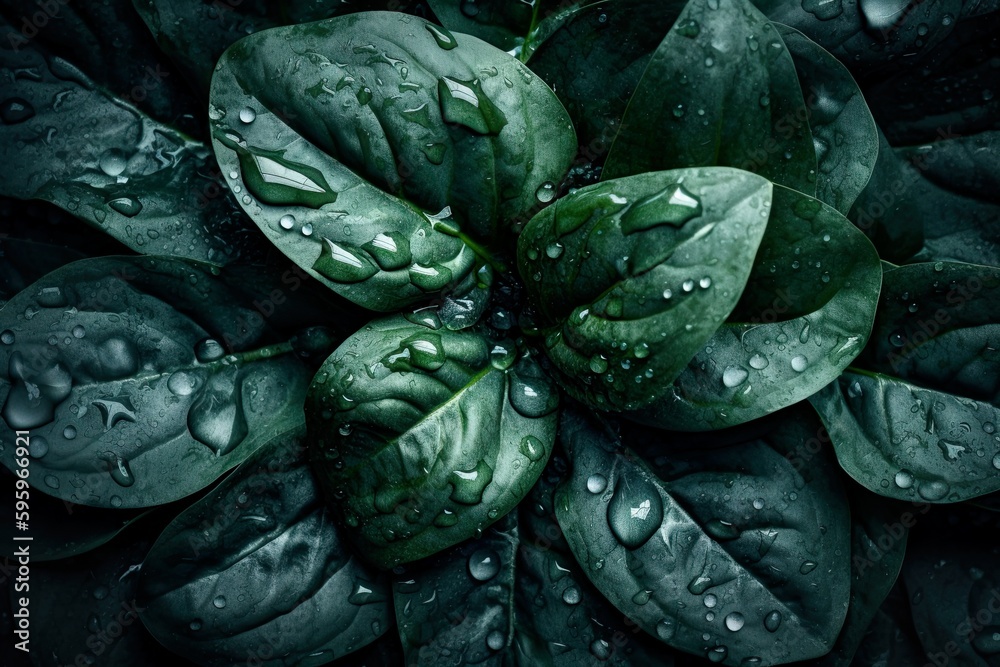 Obraz premium Top down view of fresh spinach leaves with waterdrops. AI Generative Art.