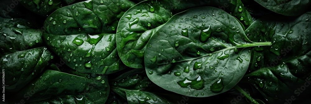 Top down view of fresh spinach leaves with waterdrops. AI Generative Art. Top down view of fresh spinach leaves with waterdrops. AI Generative Art.
