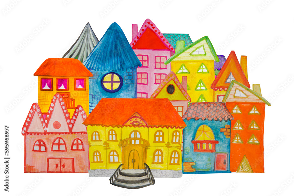 Houses painted in watercolor on a white background. Children's drawing.