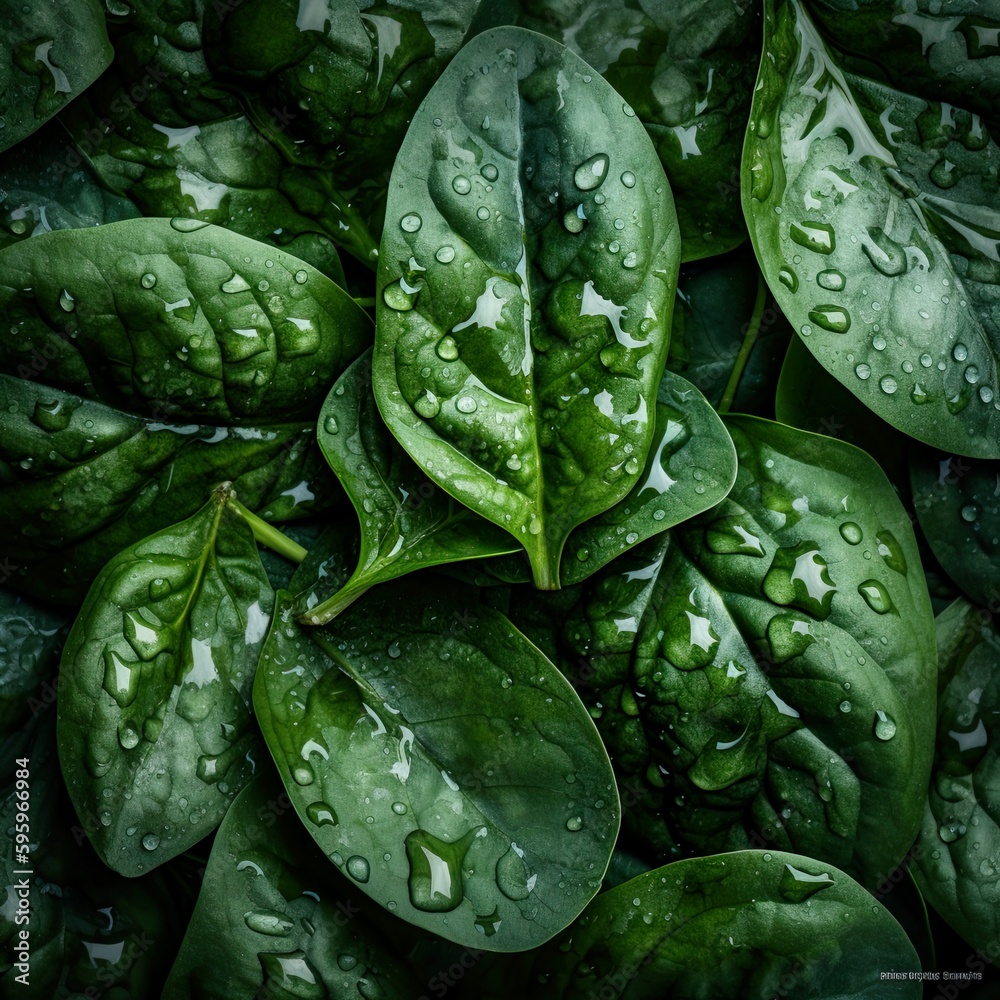 Obraz premium Top down view of fresh spinach leaves with waterdrops. AI Generative Art.
