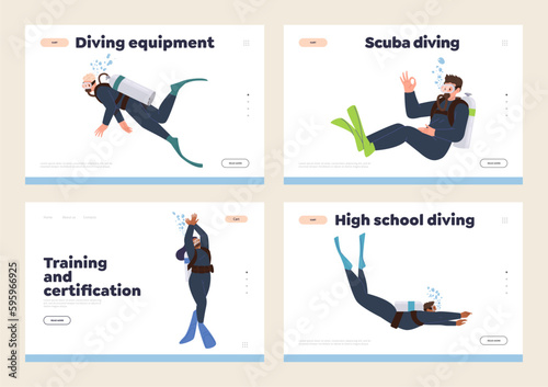 Set of landing page offering professional diving class with training, certification and equipment
