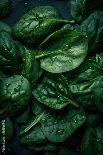 Top down view of fresh spinach leaves with waterdrops. AI Generative Art.