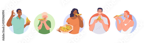 Set of hungry people male female characters eating pizza dinner, fast food for lunch or dinner