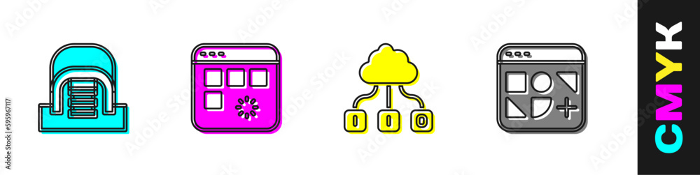 Set Hangar with servers, Loading data window, Cloud technology transfer and Different files icon. Vector Set Hangar with servers, Loading data window, Cloud technology transfer and Different files icon. Vector