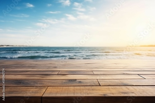 Abstract Empty wooden table over blurred sunny sea background. AI generative