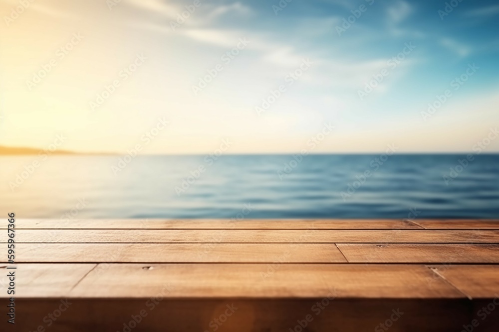 Abstract Empty wooden table over blurred sunny sea background. AI generative Abstract Empty wooden table over blurred sunny sea background. AI generative