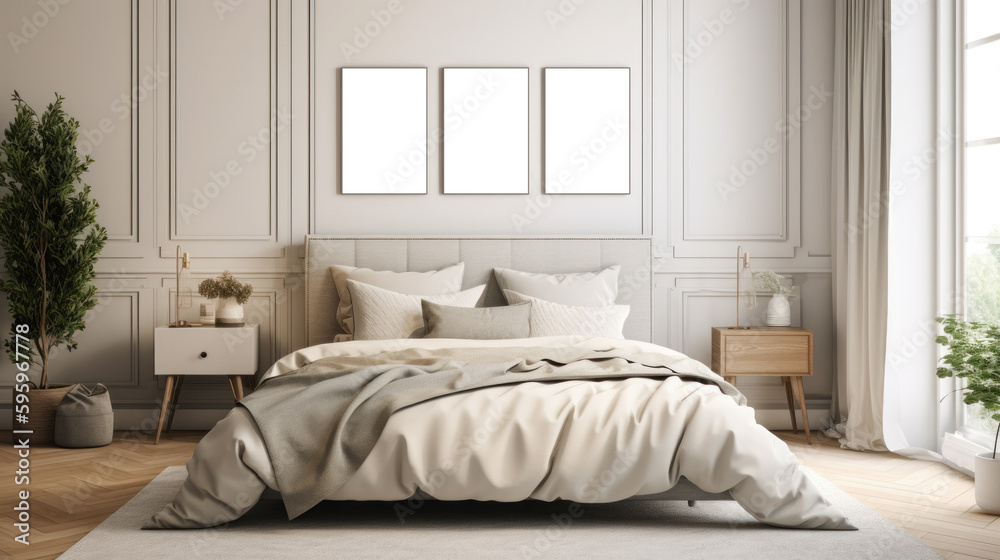Obraz premium Frame Mockup, Gallery Mockup, cozy bedroom, minimalistic, Generative Ai
