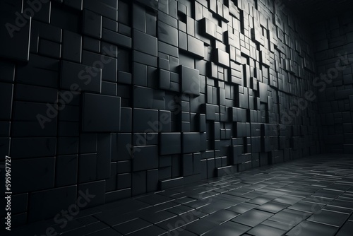 3D black wall made of semi-gloss tiles in a futuristic rectangular block pattern. Rendered digitally. Generative AI