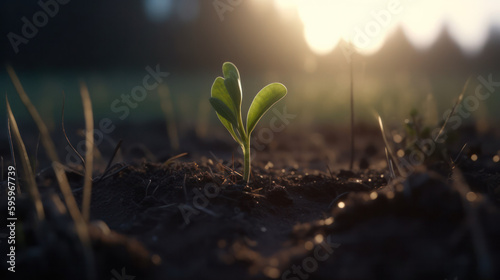 Growing plant on a field, morning sun, generative ai