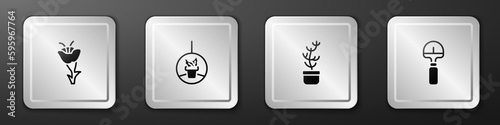 Set Flower, Plant in hanging pot, Exotic tropical plant and Shovel icon. Silver square button. Vector