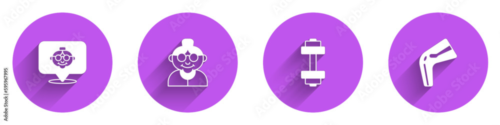 Set Grandmother, , Dumbbell and Bone pain icon with long shadow. Vector Set Grandmother, , Dumbbell and Bone pain icon with long shadow. Vector