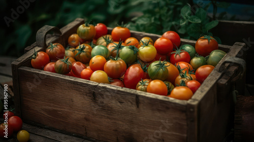 wooden box with fresh harvest of tomatoes on the farm field. Generative AI