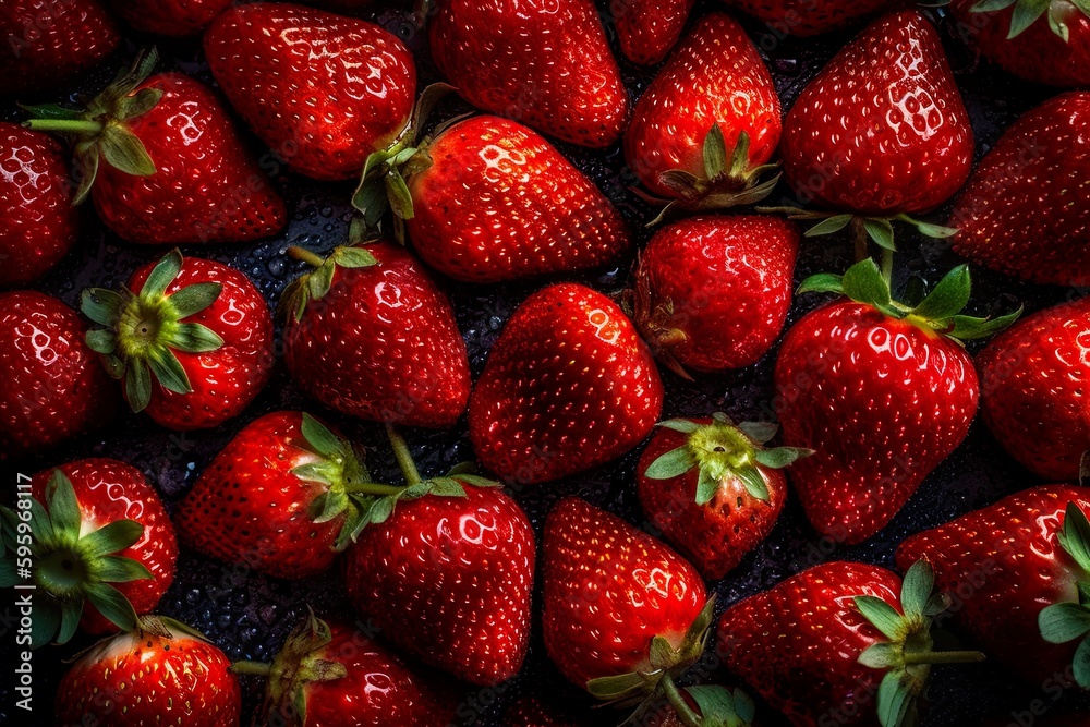 Top down view of fresh strawberries with waterdrops. AI Generative Art. Top down view of fresh strawberries with waterdrops. AI Generative Art.