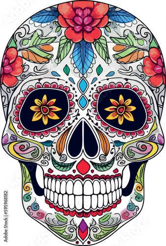 Sugar Skulls. Day of the Dead Skull, isolated on white background. Dia de los Muertos. Mexican sugar skull. Design element for logo, emblem, sign, poster, card, banner. Vector illustration. Color