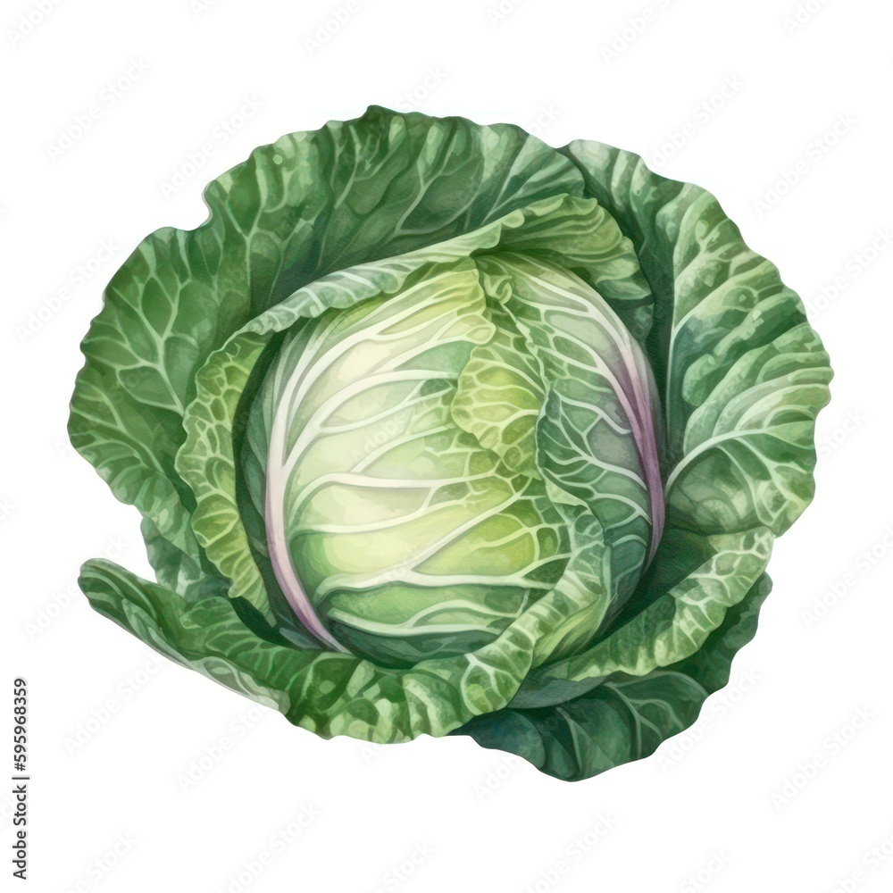 Fototapeta premium Watercolor illustration of a head of cabbage isolated on white background. Generative AI.