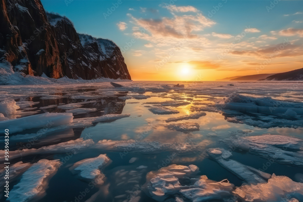 Spectacular sunrise in winter over frozen ice lake Baikal .Sunny outdoor scene. Nature beauty concept background. Generative AI