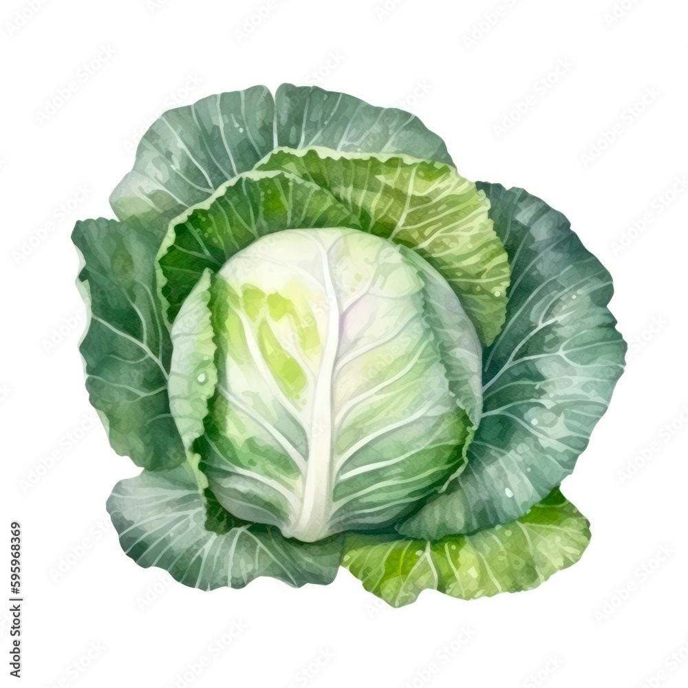 Obraz premium Watercolor illustration of a head of cabbage isolated on white background. Generative AI.