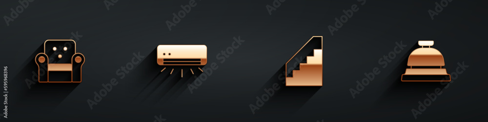 Set Armchair, Air conditioner, Stairs and Hotel service bell icon with long shadow. Vector Set Armchair, Air conditioner, Stairs and Hotel service bell icon with long shadow. Vector