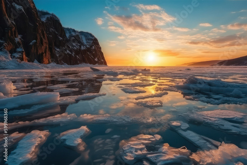 Spectacular sunrise in winter over frozen ice lake Baikal .Sunny outdoor scene. Nature beauty concept background. Generative AI © Margo_Alexa