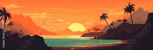 Tropical Beach Digital Art  Minimalist Color Field Illustration with Retro Charm - Generative AI