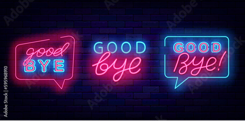 Good bye neon signs collection. Farewell concept. Leaving text. Editing stroke. Vector stock illustration