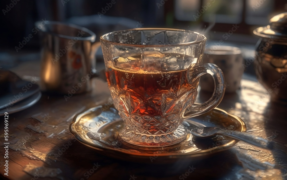 An antique glass cup of tea. Generative AI technology. An antique glass cup of tea. Generative AI technology.