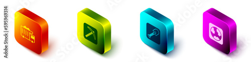 Set Isometric Mining dump truck, Pickaxe, Shovel and Earth globe icon. Vector