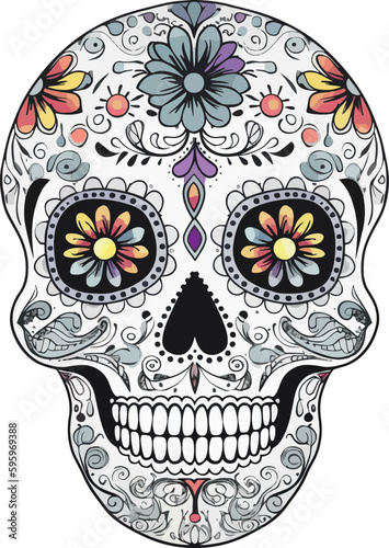 Sugar Skulls. Day of the Dead Skull, isolated on white background. Dia de los Muertos. Mexican sugar skull. Design  for logo, emblem, sign, poster, card, banner. Vector illustration. Color