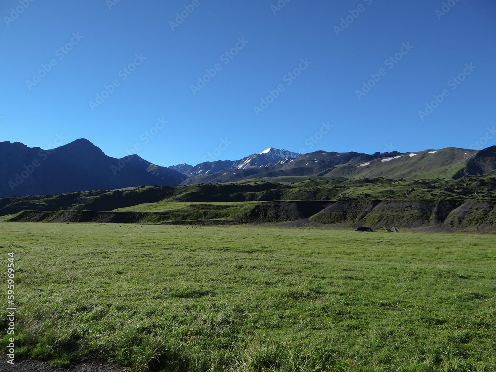 green valley at the foot of the mountains. pasture for cows and sheep.
