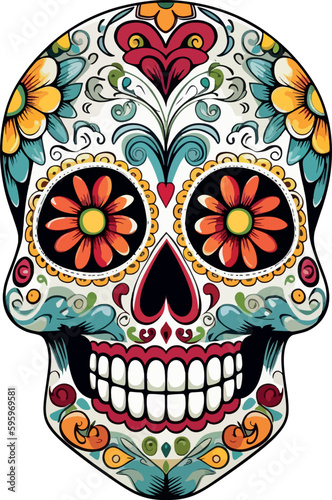 Sugar Skulls. Day of the Dead Skull, isolated on white background. Dia de los Muertos. Mexican sugar skull. Design element for logo, emblem, sign, poster, card, banner. Vector illustration. Color