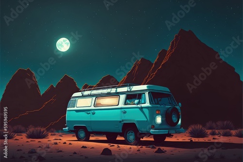 View of a parked vehicle under a stunning starlit sky. Fantasy concept , Illustration painting. Generative AI