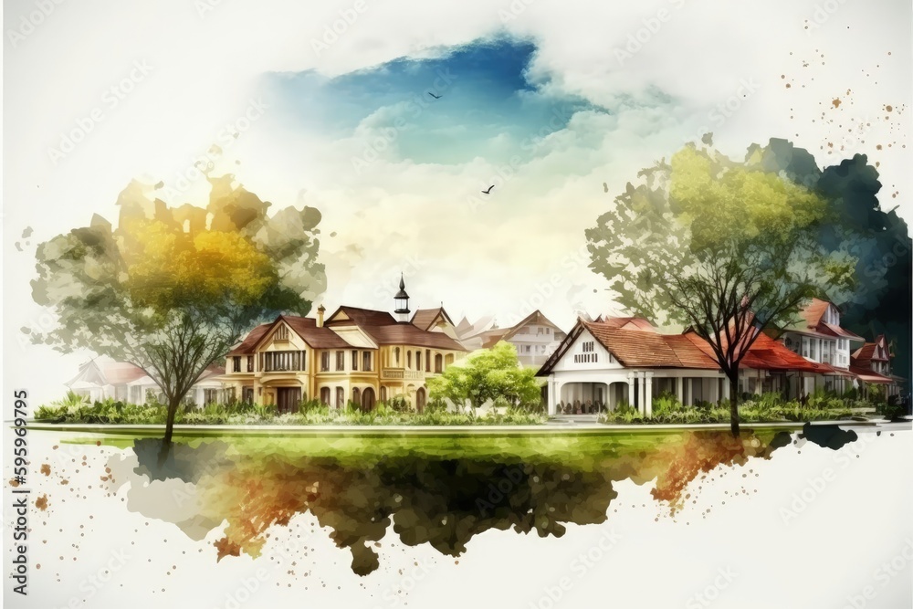 Obraz premium Countryside landscape depicting old houses amidst nature in watercolor style. Fantasy concept , Illustration painting. Generative AI