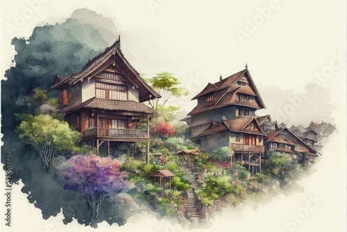 Countryside landscape depicting old houses amidst nature in watercolor style. Fantasy concept , Illustration painting. Generative AI