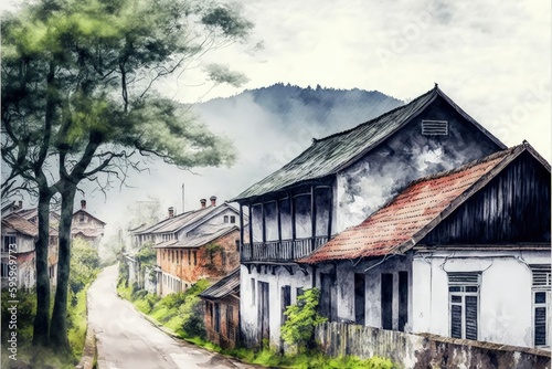 Countryside landscape depicting old houses amidst nature in watercolor style. Fantasy concept , Illustration painting. Generative AI