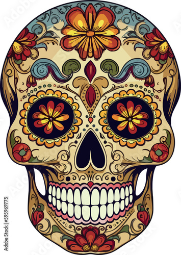 Sugar Skulls. Day of the Dead Skull, isolated on white background. Dia de los Muertos. Mexican sugar skull. Design element for logo, emblem, sign, poster, card, banner. Vector illustration. Color