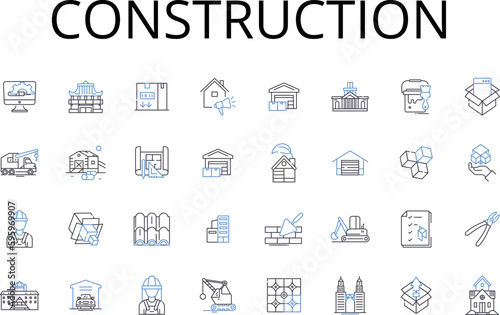Construction line icons collection. Building, Fabrication, Manufacturing, Development, Assembly, Creation, Formation vector and linear illustration. Erection,Production,Design outline signs set