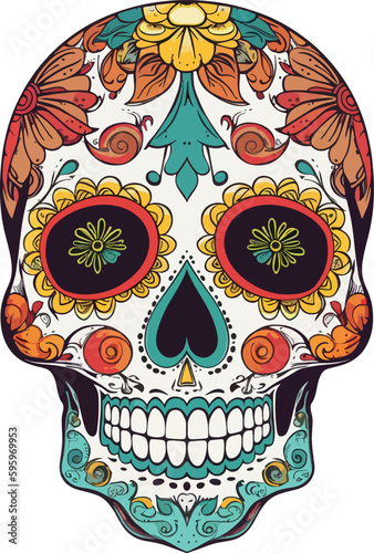 Sugar Skulls. Day of the Dead Skull, isolated on white background. Dia de los Muertos. Mexican sugar skull. Design  for logo, emblem, sign, poster, card, banner. Vector illustration. Color