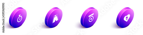 Set Isometric Stopwatch, Boxing short, gong and glove icon. Vector
