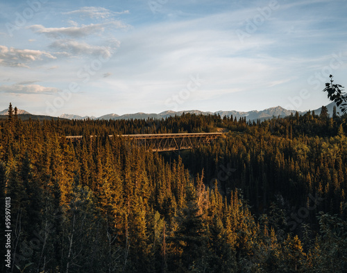 View of Kuskulana river n Wrangell St Elias National park from under bridge with walkway and fall colors