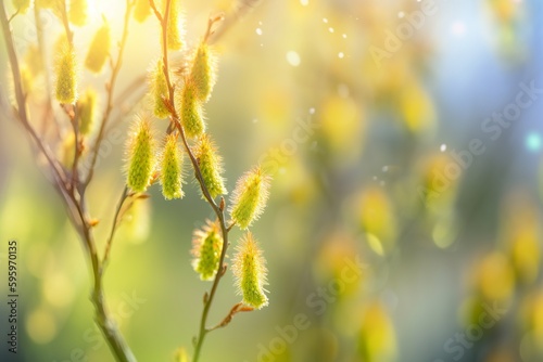 art Nature Spring background with blooming willow from generative ai