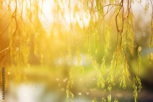 art Nature Spring background with blooming willow from generative ai