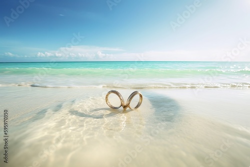 Beach with flowers and hearts.Honeymoon travel concept. from generative ai