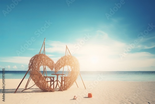 Beach with flowers and hearts.Honeymoon travel concept. from generative ai