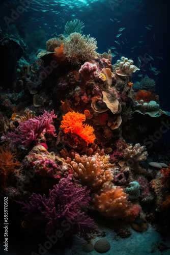 Underwater panorama of the coral world. coral reef ocean light underwater. Generative AI