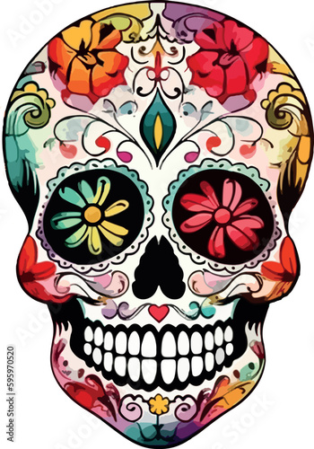 Sugar Skulls. Day of the Dead Skull, isolated on white background. Dia de los Muertos. Mexican sugar skull. Design for logo, emblem, sign, poster, card, banner. Vector illustration. Color