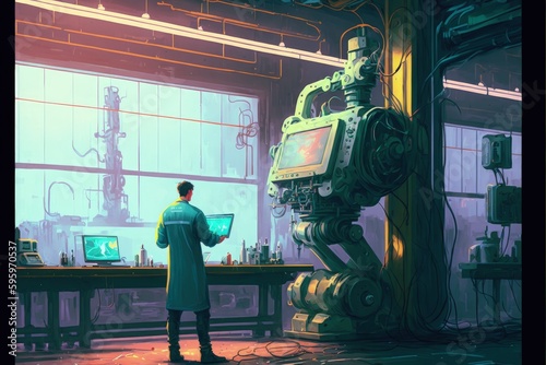 man controlling robot with wireless device in industrial facility Fantasy concept , Illustration painting. Generative AI