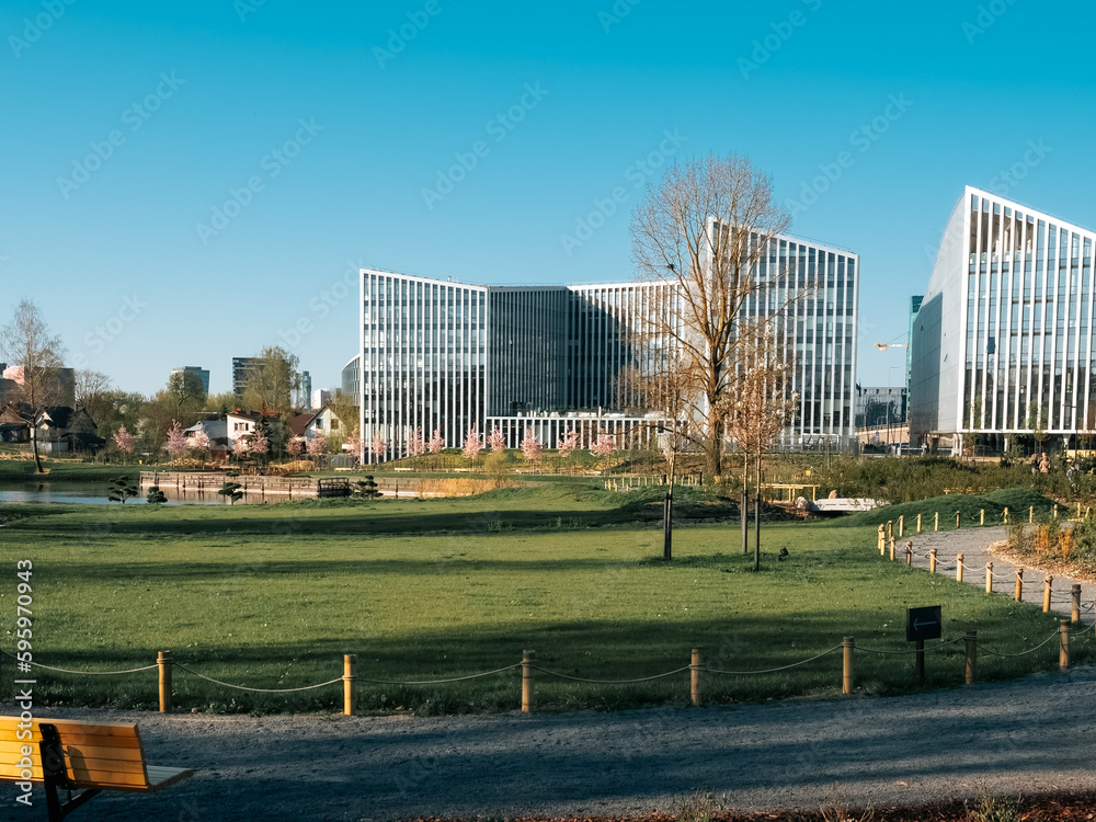 Obraz premium Japanese garden in Vilnius in spring. View of the business center Park Town